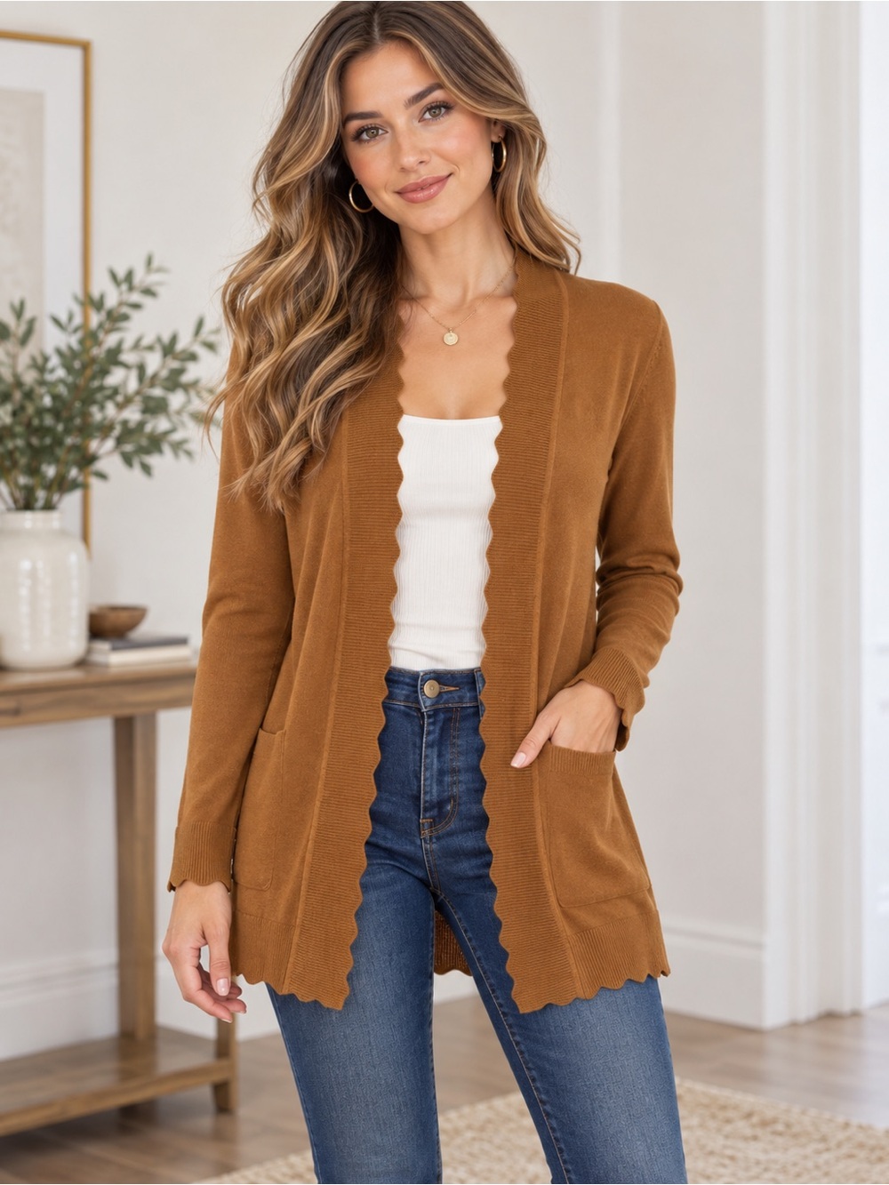 Evolution by Cyrus Davison Scallop Edge Bronze Cardigan Sweater Wmn Sz SP NWT